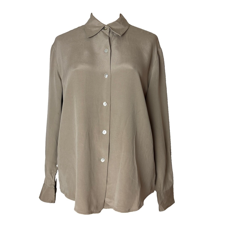 Via Seta 100% Silk Button Front Top Women's Size M Blouse by Sandra Harris tan